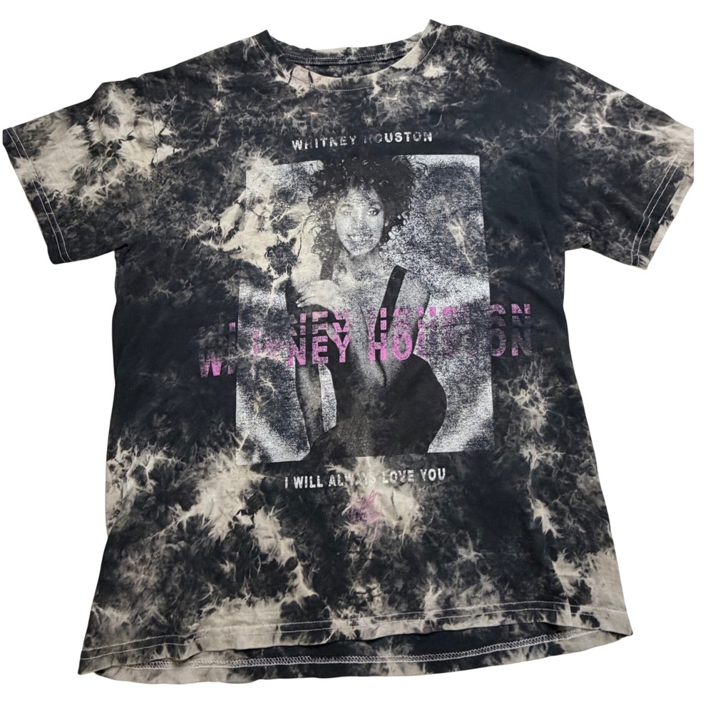 Whitney Houston Graphic Tee Black Acid Wash Tie Dye I Will Always Love You XL